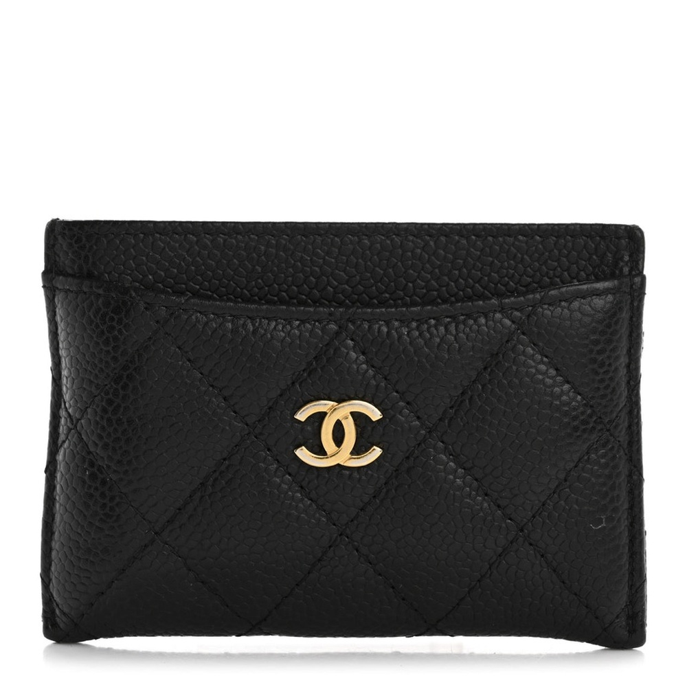 CHANEL Black Quilted Card Holder with Gold Logo